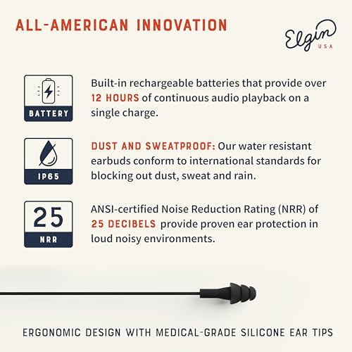 Elgin Ruckus Wireless Bluetooth Earplug Headphones, Ear Plug Earbuds | 25 dB, Noise Cancelling Mic, 12 Hour Battery, IP65 Sweatproof, OSHA Compliant Hearing Protection, Work Safety - color: Stealth Black