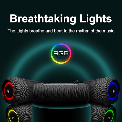 Fisher Portable Bluetooth Speakers IPX5 Waterproof Speaker, 14W Peak Power | Stereo Bluetooth Speaker, RGB Lights, TWS, BT 5.3, Built-in Mic, Hands Free Calling Speakers Bluetooth Wireless, Use Anywhere - color: Black