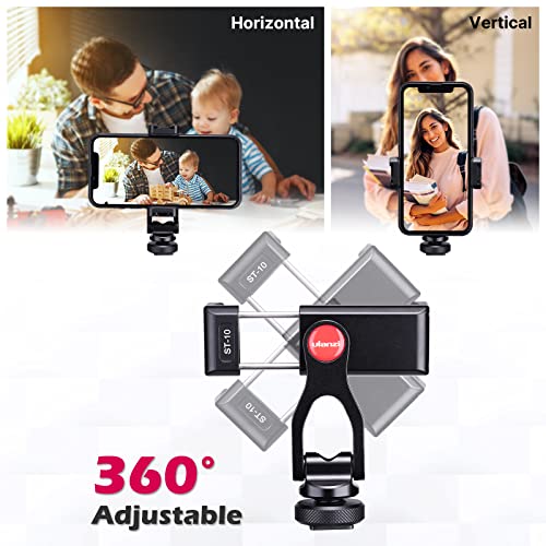 ULANZI Metal Phone Tripod Mount, Universal Cell Phone Clamp Stand Holder | 1/4" Screw& 2 Cold Shoe, Adjustable 360° Rotates for iPhone Android, ST-10 Smartphone Holder for Tripod, Mobile Photography