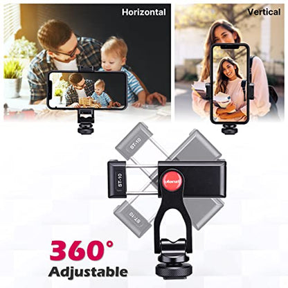 ULANZI Metal Phone Tripod Mount, Universal Cell Phone Clamp Stand Holder | 1/4" Screw& 2 Cold Shoe, Adjustable 360° Rotates for iPhone Android, ST-10 Smartphone Holder for Tripod, Mobile Photography