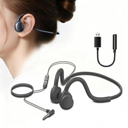 Open Ear Headphones with Microphone, Wired Air Conduction Headphones, Lightweight Flexible Open Back Headset for Phones Tablets Laptop, 3.5mm+USB Connection, 4.27 Ft Cable, Black