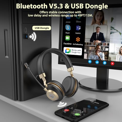 Earbay Wireless Headset with Microphone, AI Noise Cancelling & Dongle | V5.3 Bluetooth Headset with Mute Microphone, Computer Headphones with Mic 45H Office/PC/Call Center/Laptop/Teams/Zoom