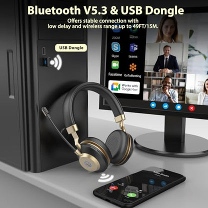 Earbay Wireless Headset with Microphone, AI Noise Cancelling & Dongle | V5.3 Bluetooth Headset with Mute Microphone, Computer Headphones with Mic 45H Office/PC/Call Center/Laptop/Teams/Zoom