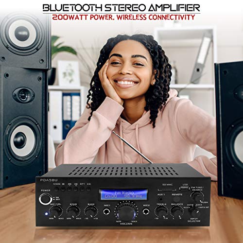 Pyle Wireless Bluetooth Home Power Amplifier - 200 Watt Audio Stereo Receiver w/USB Port, AUX in, FM Radio, 2 Karaoke Microphone Input, Remote - Home Entertainment System - Pyle PDA5BU.5