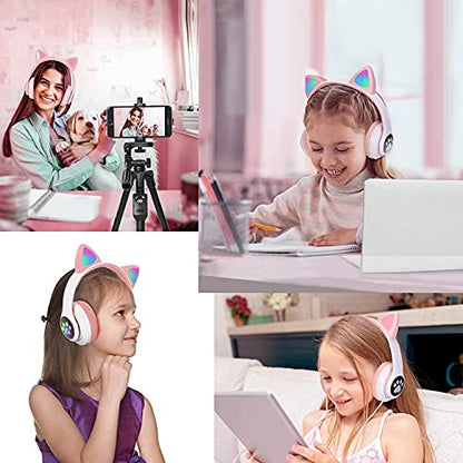 Kids Bluetooth Wireless Over-Ear Cat Ear Headphones with Microphone for Kids Teens Adults (Pink) | Over-Ear Cat Ear Headphones with Microphone - color: Pink