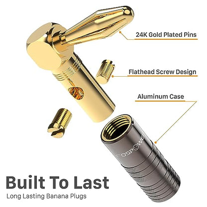 FosPower Right Angle Banana Plugs (2 Pairs / 4 pcs), Closed Screw 24K Gold Plated Banana Speaker Plug Connectors for Speaker Wire, Wall Plate, Home Theater, Audio/Video Receiver, and Sound Systems - size: 2 Pairs / 4 pcs