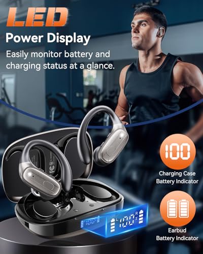 LEEMC Wireless Earbuds, Bluetooth Headphones 5.4, Ear Buds with Hooks for Sports, 80Hr Playtime Earphones, LED Display, IPX7 Waterproof Headset for Workout Running, Taupe