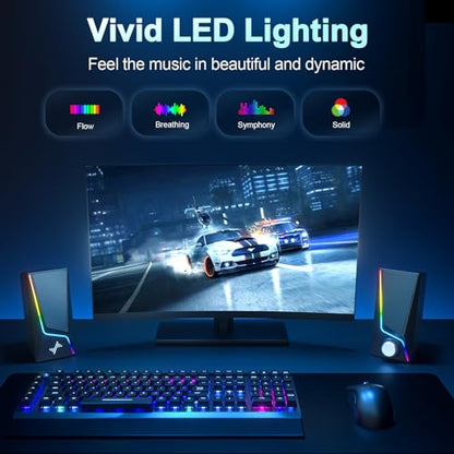 Nylavee Computer Speakers with Subwoofer, 2.1 PC Speakers, Bluetooth 5.4 | 8 Lighting Modes, 60W Peak Power, AC Adapter Powered with USB/USB-C and 3.5mm AUX Inputs for Desktop PCs and Monitors