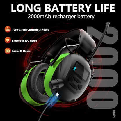 Bluetooth 6.0 AM/FM Hearing Protection, Radio Headphones with Digital Display, 30 SNR Noise Reduction Safety Earmuffs with Rechargeable 2000 mAh Large Battery, Ear Protector for Mowing Lawn Work - color: Green
