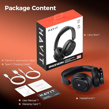 havit 132H Playtime Noise Cancelling Headphones, Over Ear Wireless Bluetooth Headphones with Hybrid ANC, Fast Charge, Dual Device Connection, Foldable Design with Mic for Travel, Work & Office