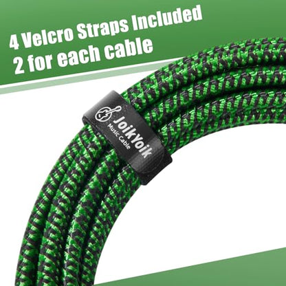 2-Pack 10 Feet Tweed braided 1/4 Inch TS Guitar Cables, Black & Green | Strain relief, Anti-kink, no signal loss, fit electric guitar, bass, amp - color: Green, size: 10ft