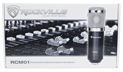 Rockville RCM01 Condenser Microphone Bundle with PSP5 Phantom Power Supply | 25mm Cardioid, XLR and 3.5mm Cables, PSP5 48V Phantom Power for 4 Mics, Shock Mount, Windscreen, Podcast Streaming, 2-Items