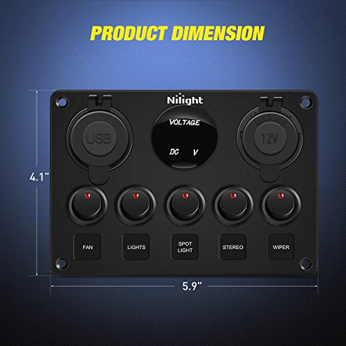 Nilight 5 Gang Multi-Function Rocker Switch Panel On Off SPST Toggle | 12V 12V/20A 24V/10A Dual USB Charger LED Voltmeter Cigarette Lighter for LED Light Bar Rear Rock Lights Trucks RV Boats 4X4 Red - color: Red