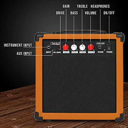 LyxPro Electric Guitar Amp 20 Watt Amplifier Built in Speaker Headphone Jack and Aux Input Includes Gain Bass Treble Volume and Grind - Mahogany - color: Mahogany, size: 20 Watt