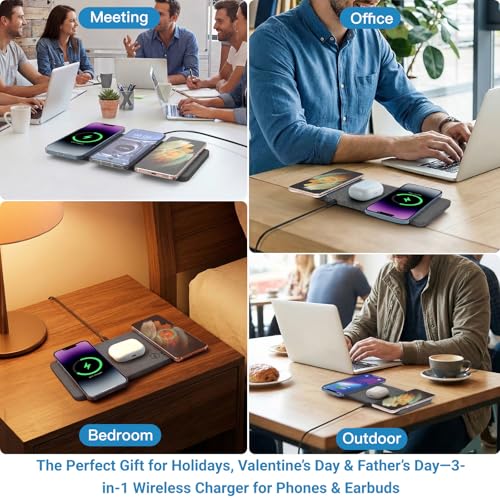 ZealSound Wireless Charging Pad, 3 in 1 Charger Mat for iPhone, Samsung Galaxy, Pixel, AirPods & Galaxy Buds, 24W Adapter Included, Ultra Slim, Case Friendly, PU Leather, Home Office & Travel, Gray - color: Gray