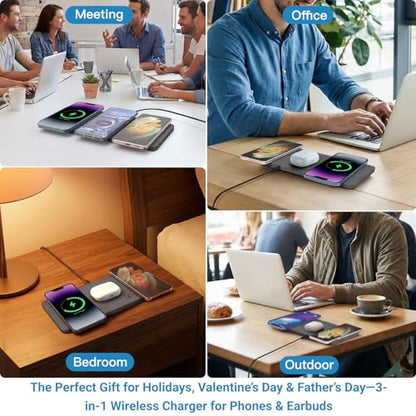 ZealSound Wireless Charging Pad, 3 in 1 Charger Mat for iPhone, Samsung Galaxy, Pixel, AirPods & Galaxy Buds, 24W Adapter Included, Ultra Slim, Case Friendly, PU Leather, Home Office & Travel, Gray - color: Gray
