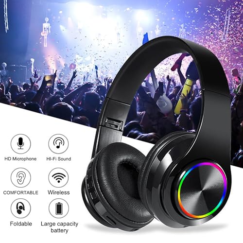 Wireless Over-Ear Bluetooth Headphones, LED Lights, Built-in Mic, Black | Bluetooth 5.0 low latency, 40mm driver HIFI stereo Foldable lightweight soft earcups, for gaming travel office home gift - color: All Black