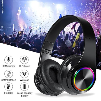 Wireless Over-Ear Bluetooth Headphones, LED Lights, Built-in Mic, Black | Bluetooth 5.0 low latency, 40mm driver HIFI stereo Foldable lightweight soft earcups, for gaming travel office home gift - color: All Black
