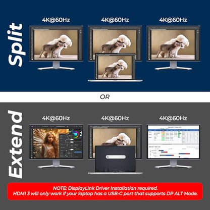 OREI DisplayLink Docking Station 3 Monitors – 3X 4K@60Hz HDMI – 6X USB (4X USB 3.0), Gigabit Ethernet, 100W PD, AUX – Triple Monitor Docking Station with Win & Mac Support | 3x 4K@60hz Multi Monitor – 6x USB, Ethernet, SD/TF, 100W PD, Audio/Mic – Laptop D