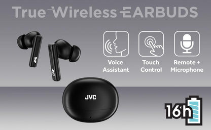 JVC Ultra Compact True Wireless Earbuds Headphones with Built-in Mic, Touch Sensor Operation, Total 16 Hour Battery Life with Charging Case, Bluetooth 5.4, HAB6TB Black