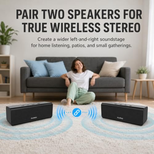 Musibaby M71 Small Portable Bluetooth Speaker, 10W, 24H, IPX5, Black | Rechargeable wireless outdoor speaker with stereo pairing, TF card, USB and AUX for camping, beach, poolside and travel.