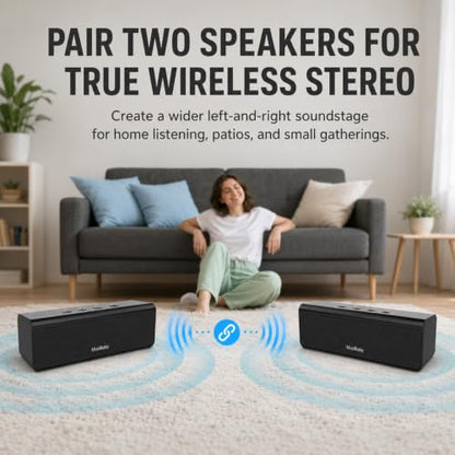Musibaby M71 Small Portable Bluetooth Speaker, 10W, 24H, IPX5, Black | Rechargeable wireless outdoor speaker with stereo pairing, TF card, USB and AUX for camping, beach, poolside and travel.