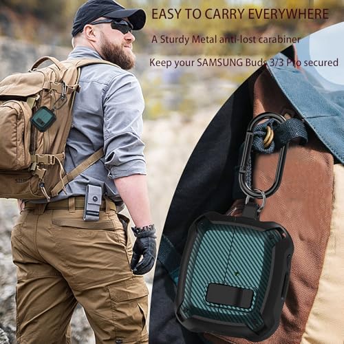 Compatible Samsung Galaxy Buds 3 Pro Case/Bud 3 Cover Clip with Cleaner Kit, Military Shell Protective Armor Case Cover with Lock & Carabiner for Galaxy Buds 3/3 Pro 2024 Men Women Black Green - color: Black-Green