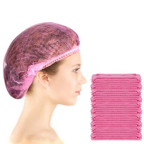100 Pcs Disposable Nonwoven Bouffant Caps 21 Inch Hair Net Elastic Cap Hair Cover Hats for Beauty Salon Hospital Spa Catering Dust-free Workspace(Pink) - color: Pink