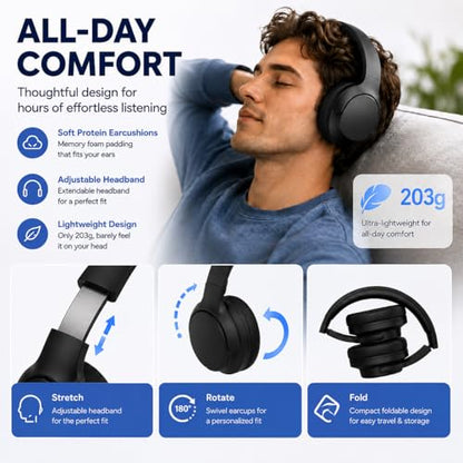 Active Noise Cancelling Headphones, Bluetooth 5.4 Over-Ear Headphones | Wireless, 40H Playtime, Built-In Mic, Foldable Design, Deep Bass, Comfortable Fit for Travel, Work and Home Office