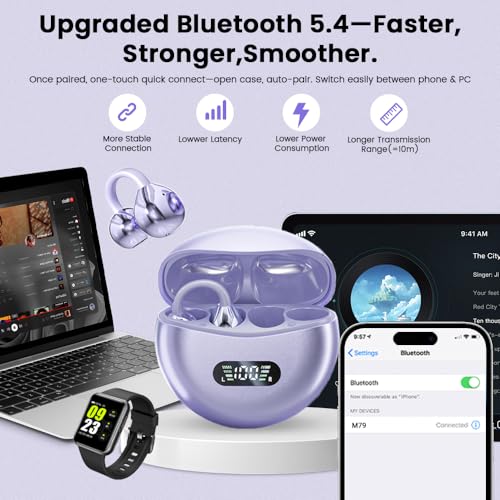Clip on Earbuds,Open Ear Earbuds Wireless Bluetooth 5.4, Lightweight Open Ear Headphones with Mic 60H Battery,Waterproof, for Sports, Running, Small Ears & Glasses Wearers,Workouts - color: Purple