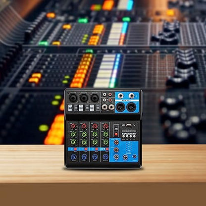 Professional Mini Audio DJ Mixer, 5 Channel Bluetooth Controller Sound Board Console System, USB Interface, 2 XLR Mic/Line, MP3 Player w/48V Phantom For Karaoke Stereo live Studio Streaming Recording