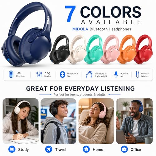 Bluetooth Headphones Wireless 68H with Mic,Decent Sound-Acceptable Blue | Adjustable Headband Foldable Over-Ear Lightweight for Office/Travel/Tablet/iPad/Laptop,HD Stereo Sound,Aux 3.5mm,D-Blue - color: Blue