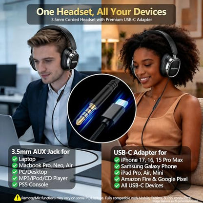 Premium Wired Headphones with Mic, 3.5mm AUX Cord and USB-C Adapter