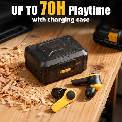 Bluetooth 6.0 Jobsite Earbuds, Heavy Duty True Wireless Ear Buds | 70H Playtime, IP56 Waterproof, 30dB SNR Noise Cancelling, ENC, Construction with 12pcs Earplugs
