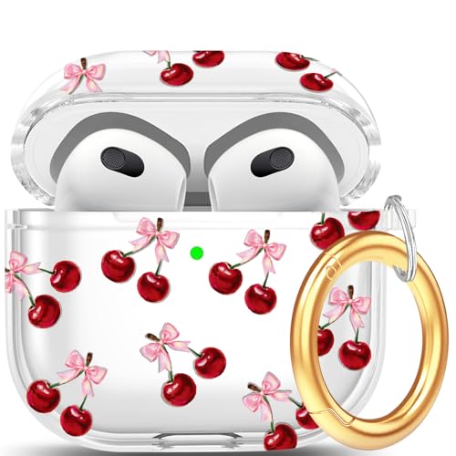 Clear Case Compatible with Airpods 3 Case Cover, Wonjury Protective Floral Case Cover with Keychain Compatible with Airpods 3 Generation (2021 Released), Front LED Visible,WineRed Cherry - color: Clear WinRed Cherry/Bow