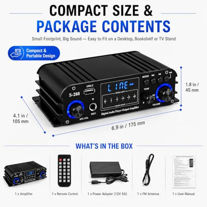 Romicta 4 Channel Bluetooth 5.0 Stereo Amplifier, 50Wx4 Home Audio Stereo Receiver, 1200W Max, USB/SD/FM, Class D HiFi Power Amp for Home Theater, Car & Karaoke, Includes Remote & Power Adapter - style: 4.0 CH (With FM)