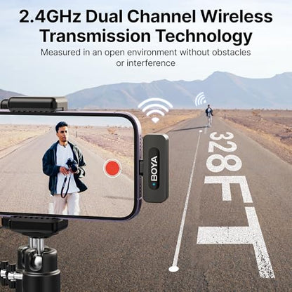 BOYA BY-V2 Wireless Microphones for iPhone iPad with MFi Certified Lightning Port, 328ft Range, 9H Battery Life, Noise Reduction Mini Mic Clip on Lapel Microphone Wireless for Video Recroding