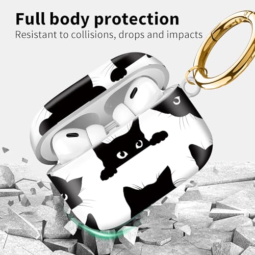 Compatible with Airpod pro 2nd/1st Generation Case Cover with Gold Round Keychain Cute Pattern Hard & Anti Slip Cover for Men Women & Girls（Black cat） - color: Black cat