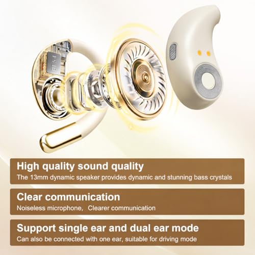 Open Ear Headphones Wireless Bluetooth 5.4, Air Conduction Wireless Earbuds with Ear Hooks and Mic, 50H LED Charging Case, IPX7 Water Resistant Sport Headphones for Running Gym Work - color: Khaki White