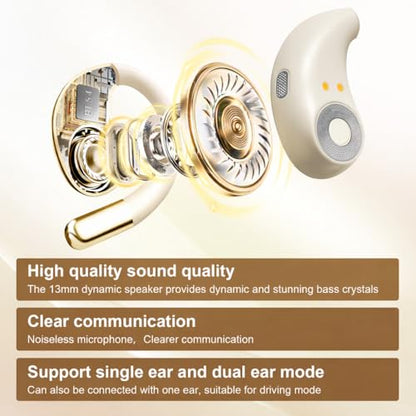 Open Ear Headphones Wireless Bluetooth 5.4, Air Conduction Wireless Earbuds with Ear Hooks and Mic, 50H LED Charging Case, IPX7 Water Resistant Sport Headphones for Running Gym Work - color: Khaki White