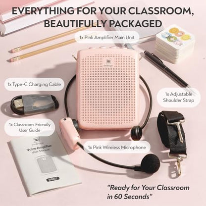 WinBridge Voice Amplifier with Bluetooth, Portable Speaker and Microphone Set | Wireless Mic Headset Speaker for Teachers, Tour Guide, Publick Speaking, Fitness Instructors, Features Mute, WB002 Pink - color: Pink