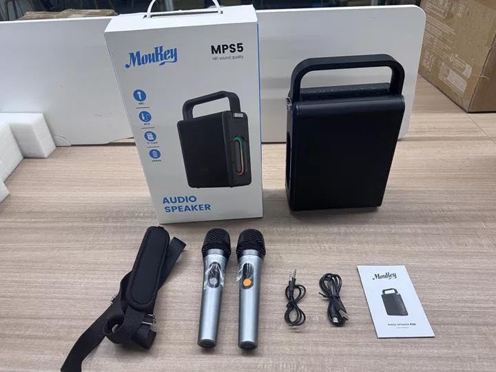 Moukey MPS5 Portable Karaoke Machine, 200W Peak Power Rechargeable Speaker with 2 Wireless Microphones& Strap, Support BT 5.3/REC/AUX/MP3/USB/TF, for Home/Party/Outdoor/Adults/Kids