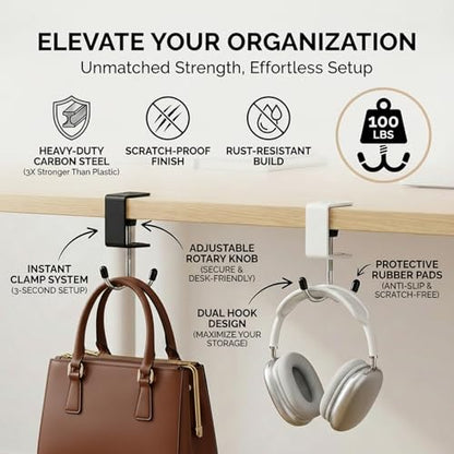 4 Pack Adjustable Under Desk Hooks, Universal Bag Hanger Fits Most Table Thickness, 100LB Capacity Heavy-Duty Dual Hook for Purse, Backpack, Office Home - color: Black & White