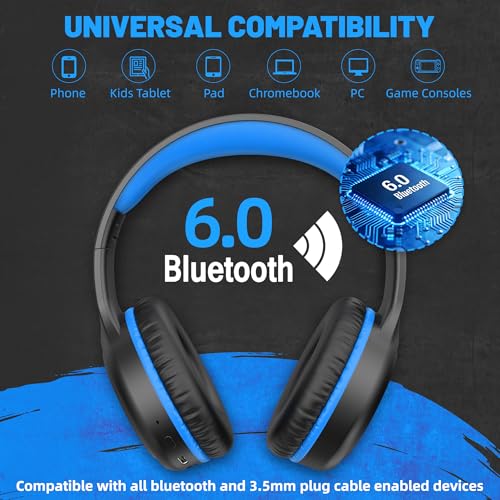 UKELALA U2B ANC Wired & Wireless Bluetooth 6.0 Headphones Foldable with Mic | Up to 30 Hrs Battery, Noise Canceling Foldable Lightweight Head phones with Volume Control‌ for Kids Adult School Black Blue - color: Blue/Black