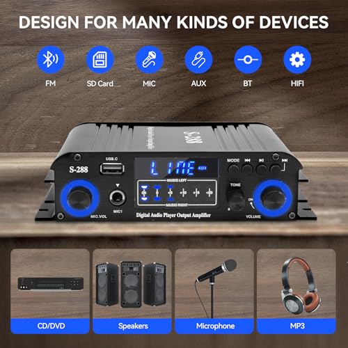 4 Channel Stereo Receivers Audio Home Amplifier Bluetooth 5.0, RMS 50Wx4 Max 1200W HiFi Power Amplifier, USB/SD/FM, Class D Home Audio Receiver for Home Theate - color: Black