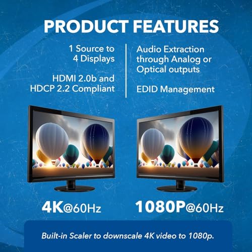 OREI 1x4 2.0 HDMI Splitter with Scaler Audio Extractor 4 Ports with Full Ultra HDCP 2.4K at 60Hz & 3D Supports EDID Control - UHDS-104A | Supports audio de-embedding from HDMI signal source to optical and analog audio output ports. Supports analog audio P