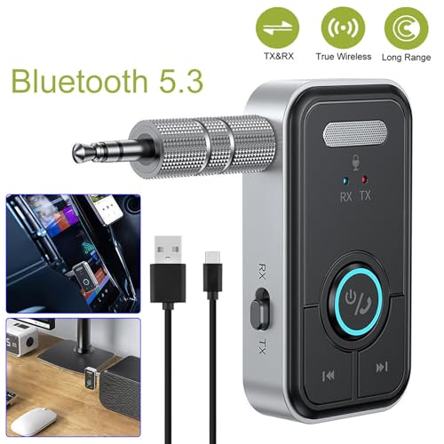 Bluetooth 5.3 Transmitter Receiver 3.5mm AUX Adapter 2 in 1 Wireless Audio Adapter for Vehicles and Home Stereos