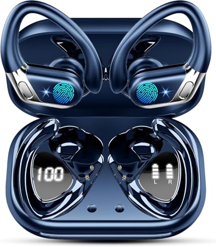 Wireless Earbuds, Bluetooth 5.4 Headphones Sport, 50H Deep Bass Sound Over Ear Buds with 4 ENC Noise Cancelling Mic, Dual LED Display, IP7 Waterproof Earphones with Earhook for Workout - color: Deep Blue1
