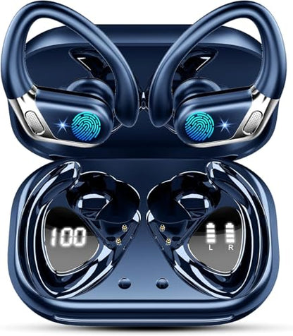 Wireless Earbuds, Bluetooth 5.4 Headphones Sport, 50H Deep Bass Sound Over Ear Buds with 4 ENC Noise Cancelling Mic, Dual LED Display, IP7 Waterproof Earphones with Earhook for Workout - color: Deep Blue1