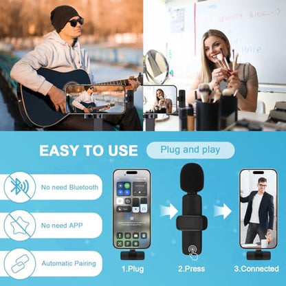 Wireless Microphone for iPhone 17 Pro Max/16/16e/16 Plus, Mini Lavalier Microphone USB C Wireless Lav Mic for Android Samsung S25FE S25 Ultra A17 A16, iPhone Video Recording,Interview,TikTok,YouTube